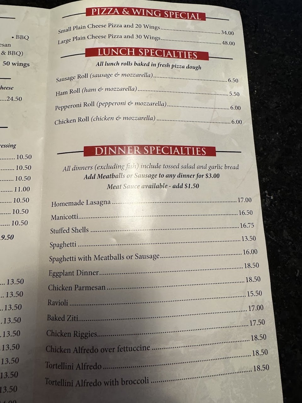 Takeout menu with subs and pasta