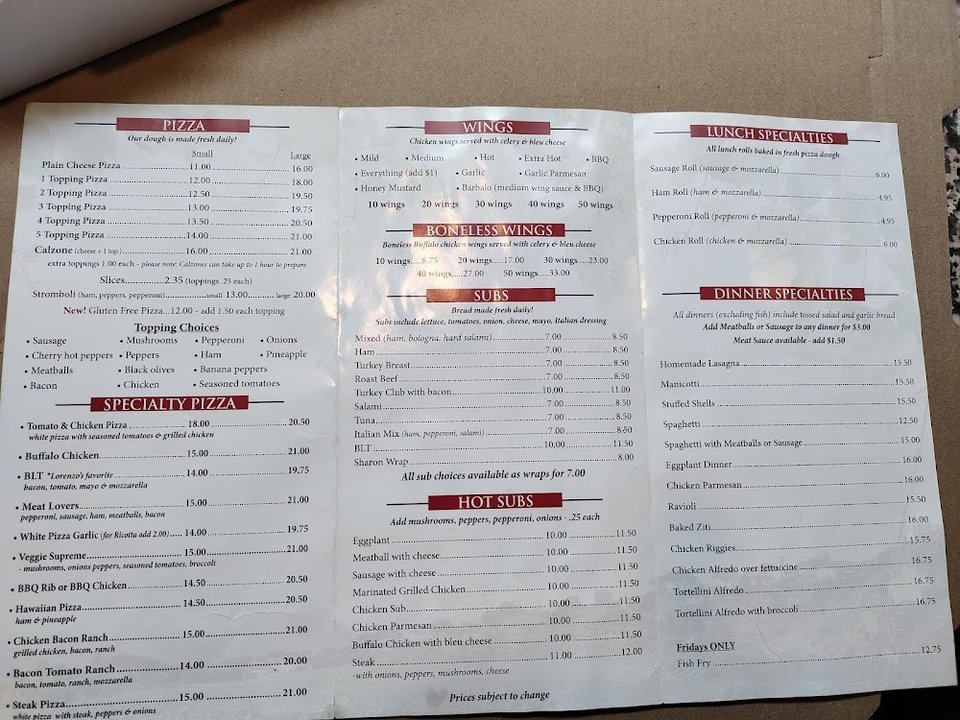 Printed menu with pizza and appetizers